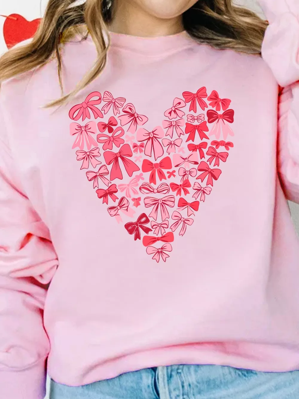 Bow Printed Big Heart Valentines Day Pullover Sweatshirt, image 4