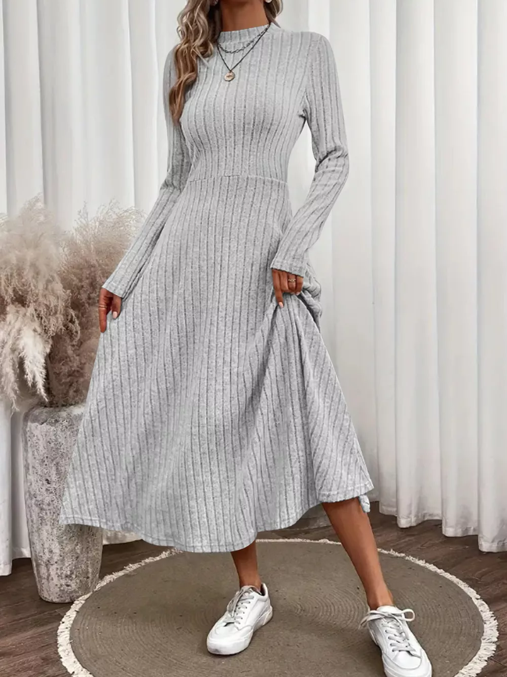 Ribbed Knit Long Sleeve Midi Dress, image 13