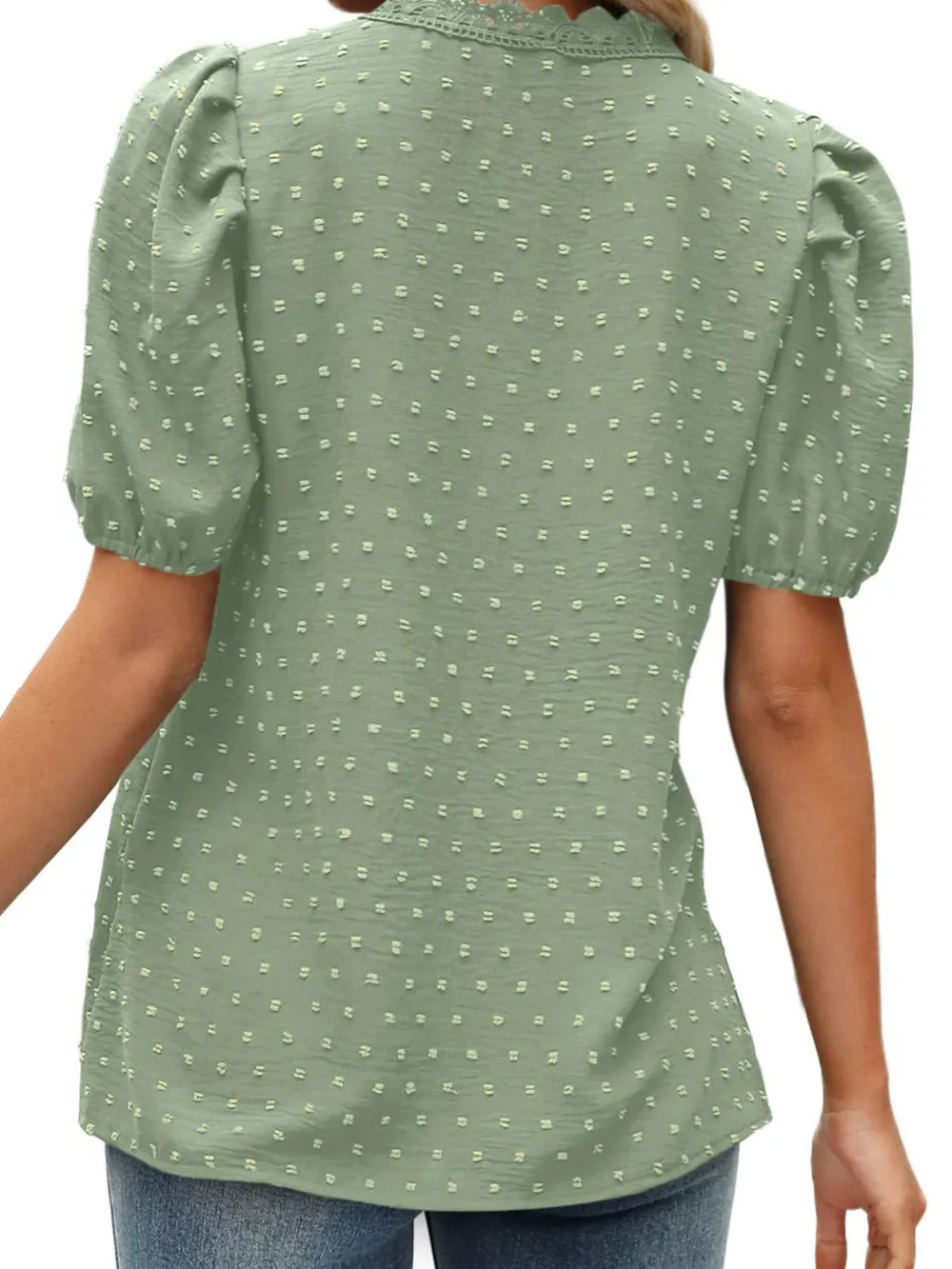 Puff Sleeve Swiss Dot Lace Trim Blouse, image 12