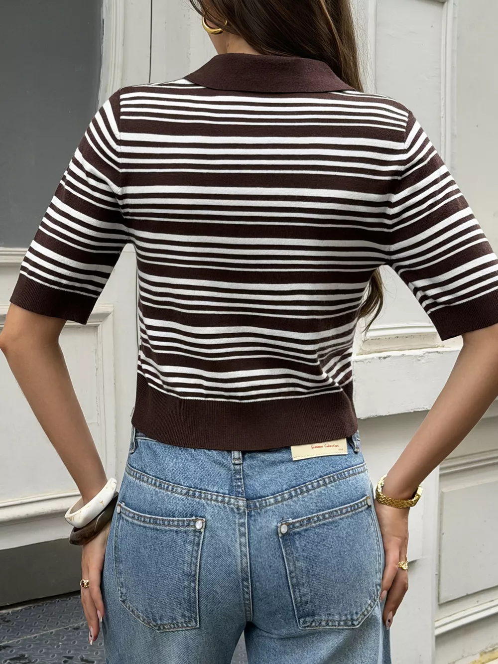 Striped Polo Cropped Knit Top, image 6