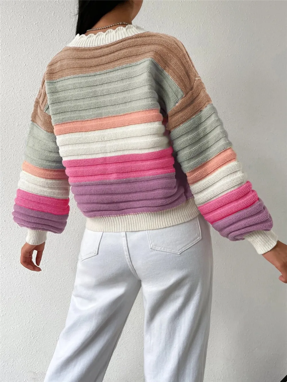 Rainbow Striped Cropped Cardigan with Balloon Sleeves, image 2