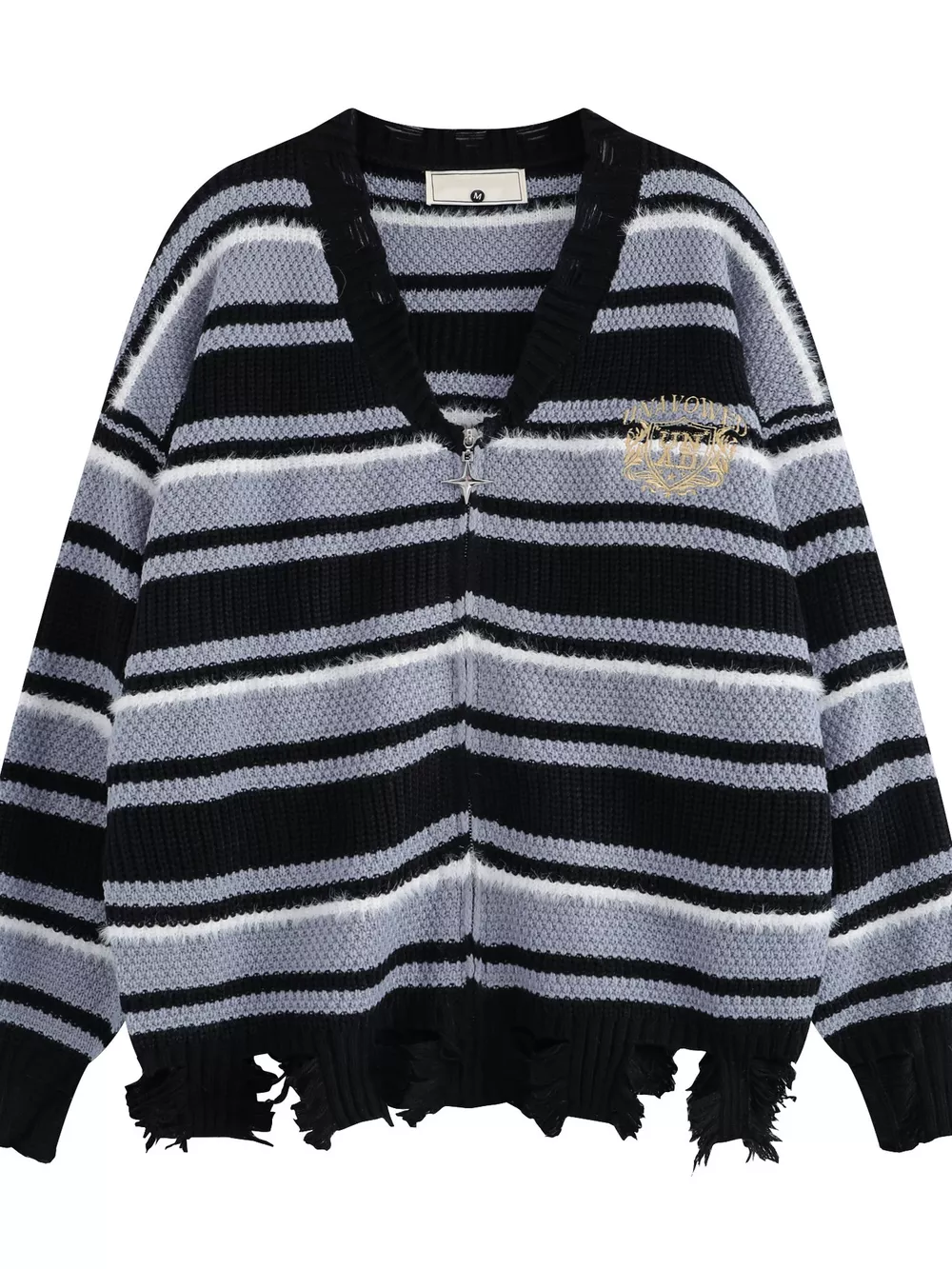 Men's Plus Size Striped Distressed Zip-Up Cardigan