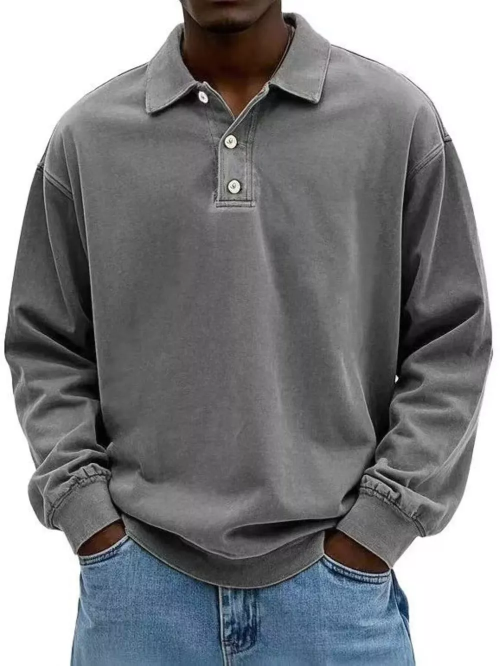Men's Full Size Washed Long Sleeve Polo Plus Size, image 5