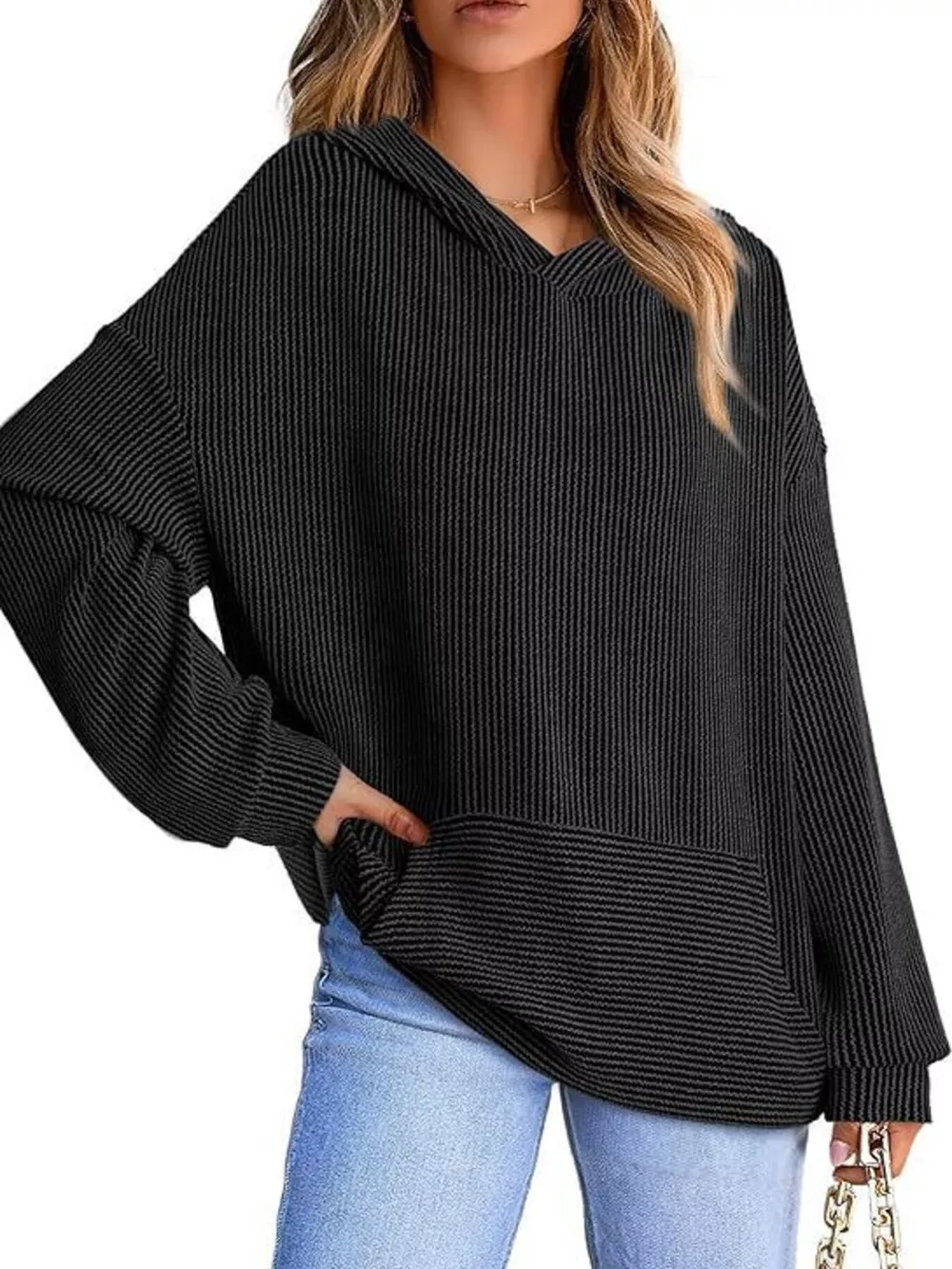 Ribbed Oversized Hoodie Sweatshirt with Pocket, image 10