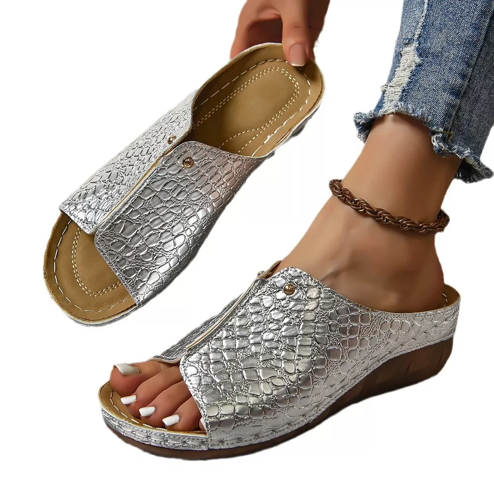 Crocodile-Embossed Wedge Sandals, image 4