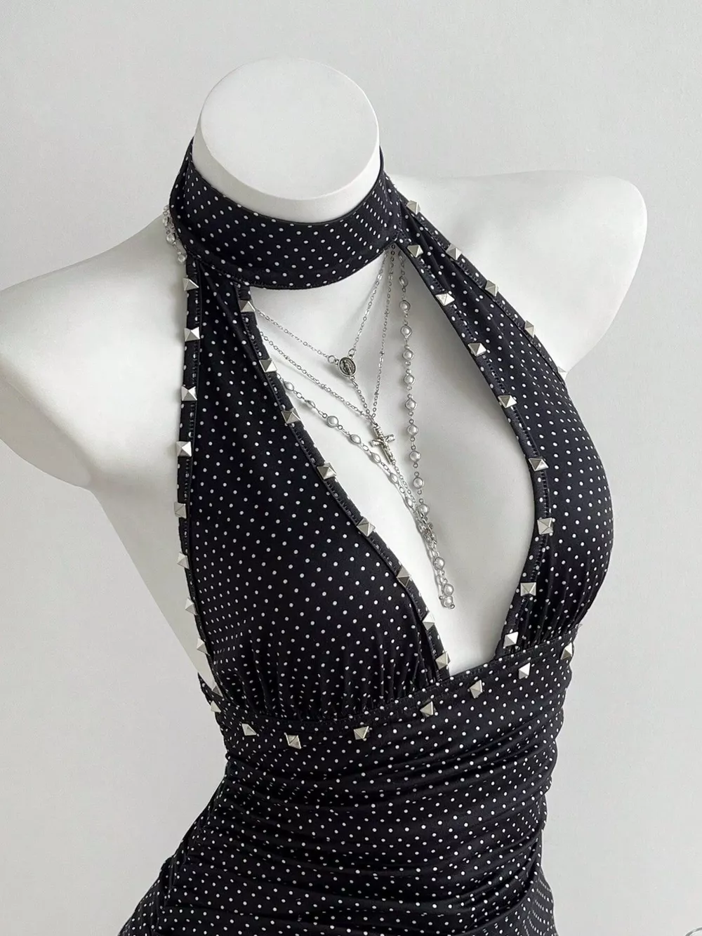 Polka Dot Cutout Front Halter Neck Dress, image 2