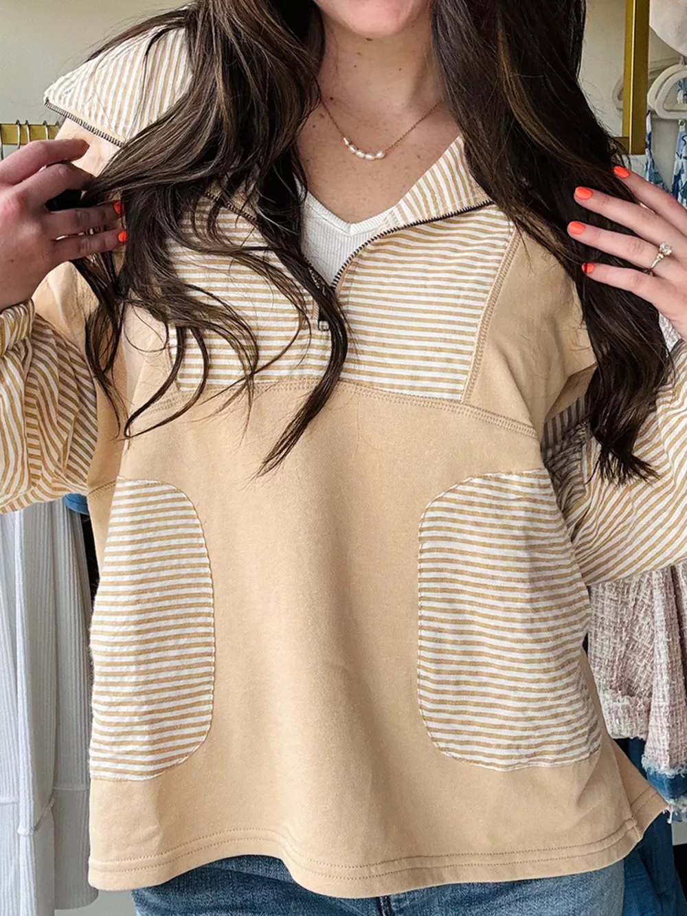Quarter Zip Striped Patchwork Drop Shoulder Loose Long Sleeve Top