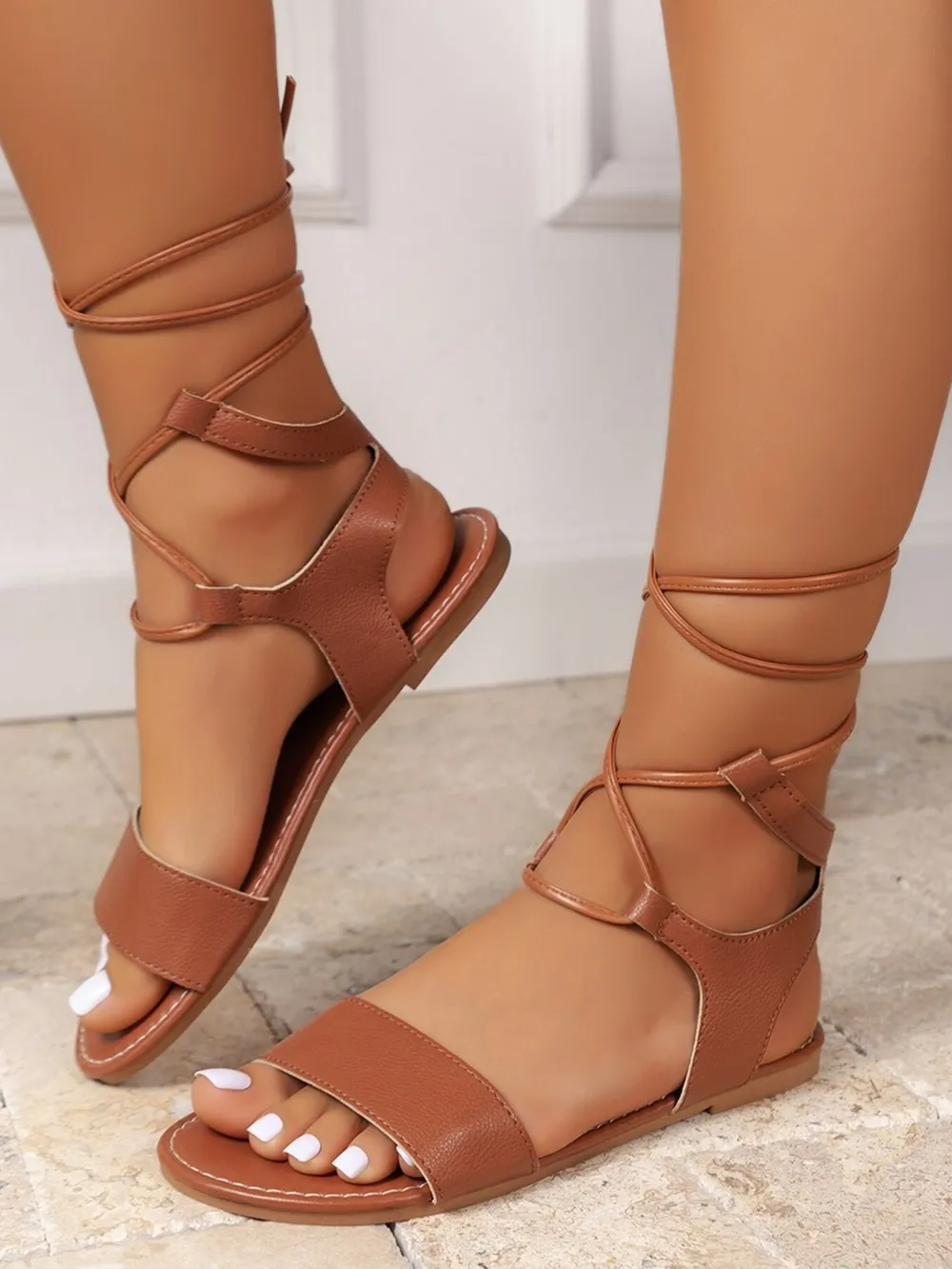 Open Toe Lace-Up Flat Sandals, image 4