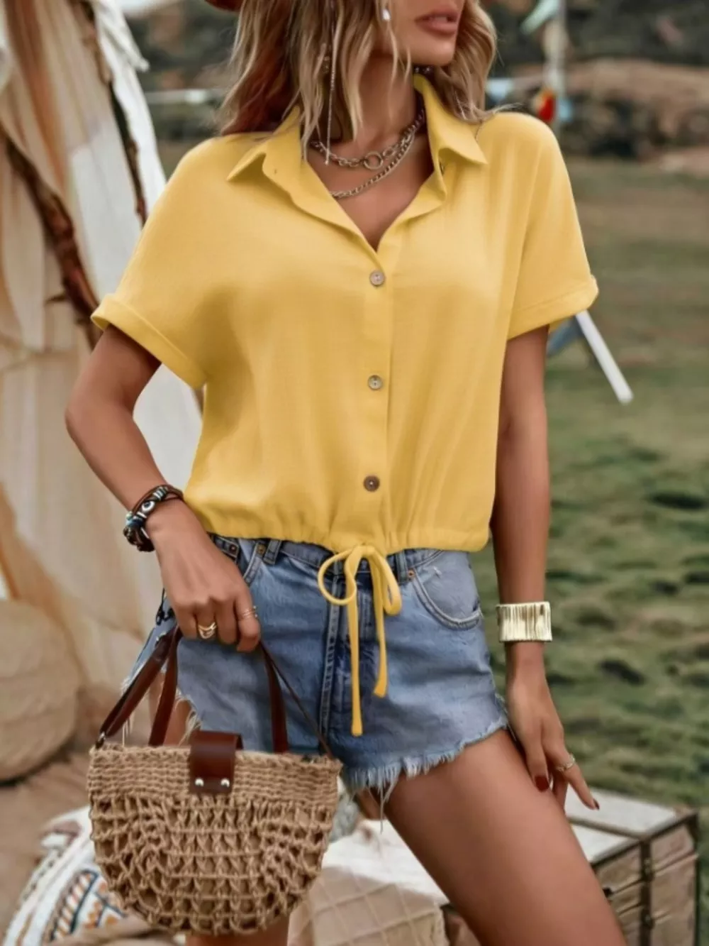 Casual Button-Down Drawstring Hem Shirt, image 2
