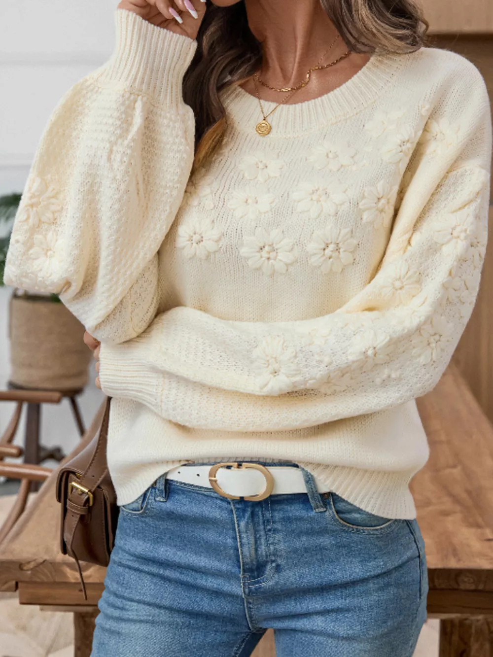 Flower Round Neck Long Sleeve Sweater, image 5