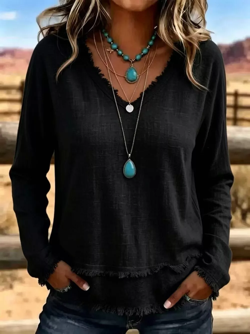 V-Neck Long Sleeve Blouse with Frayed Hem Detail, image 7