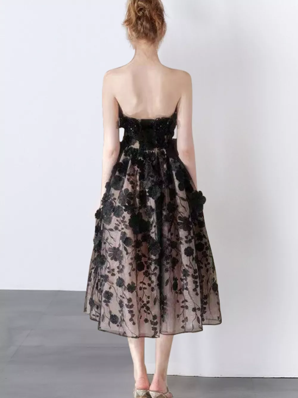 Strapless Floral Applique Midi Dress, image 3