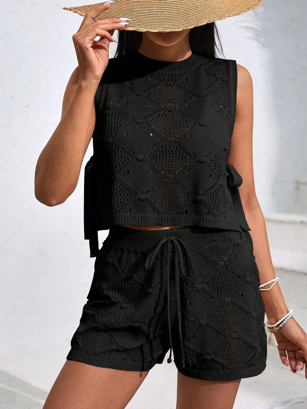 Diamond Pattern Sleeveless Top and Shorts Knit Set, image 3