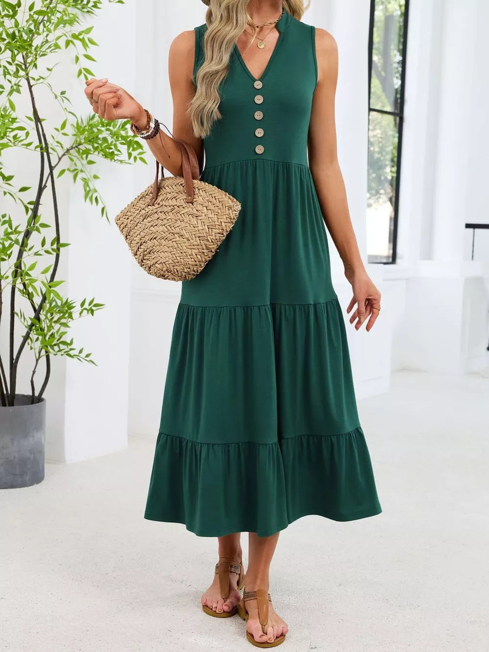 Sleeveless Notched Tiered Midi Dress, image 28