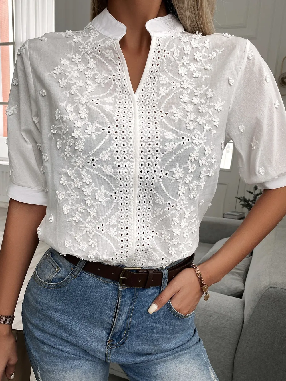 Embroidered Eyelet Notched Half Sleeve Blouse, image 2