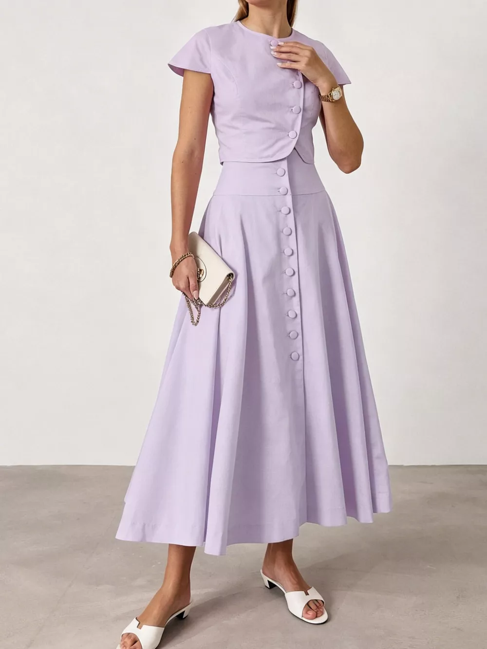Cap Sleeve Button-Down Crop Top and Midi Skirt Set, image 24