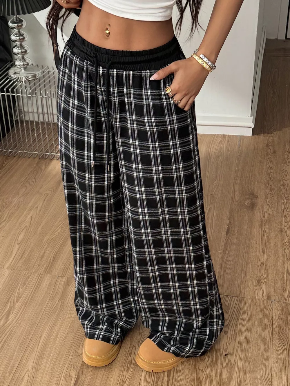 Plaid Wide-Leg Pants with Elastic Waistband, image 8