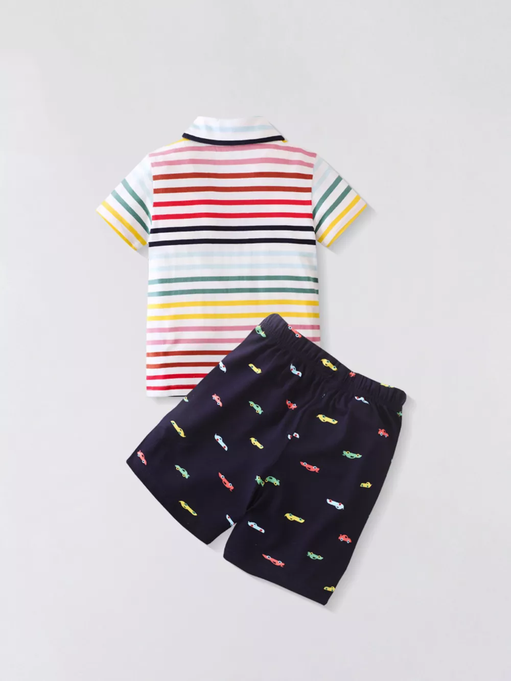 Children's Colorful Striped Polo Shirt and Car Print Shorts Set, image 2