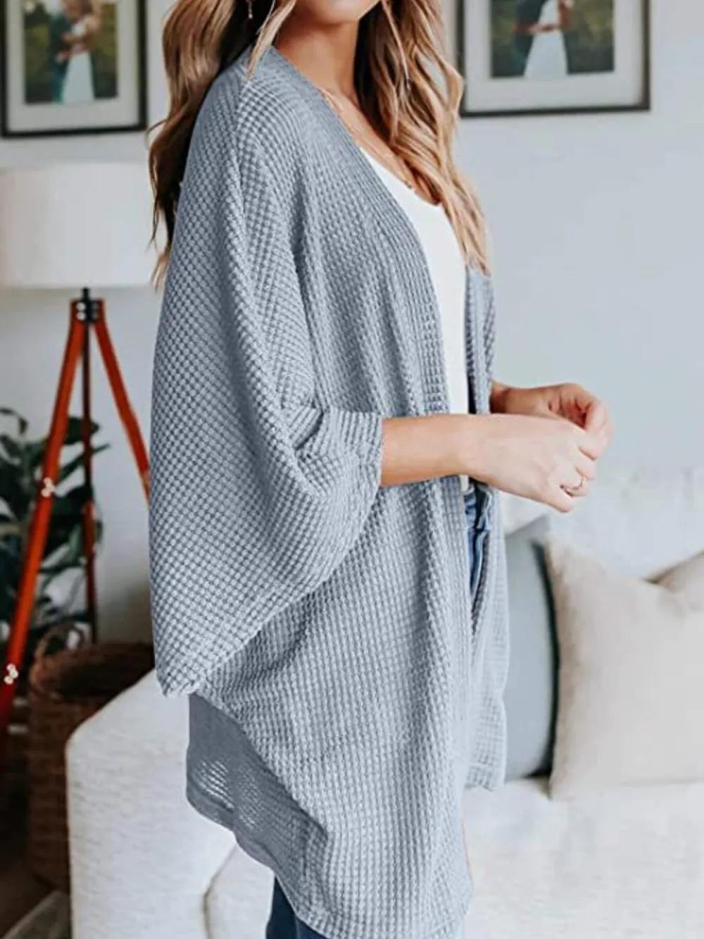 Full Size Open Front Waffle Knit Cardigan Plus Size, image 8
