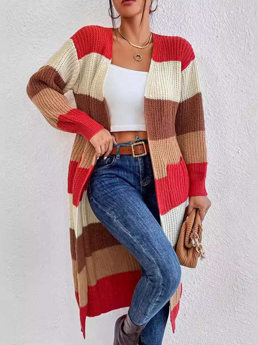 Striped Color Block Open Front Knit Cardigan, image 3