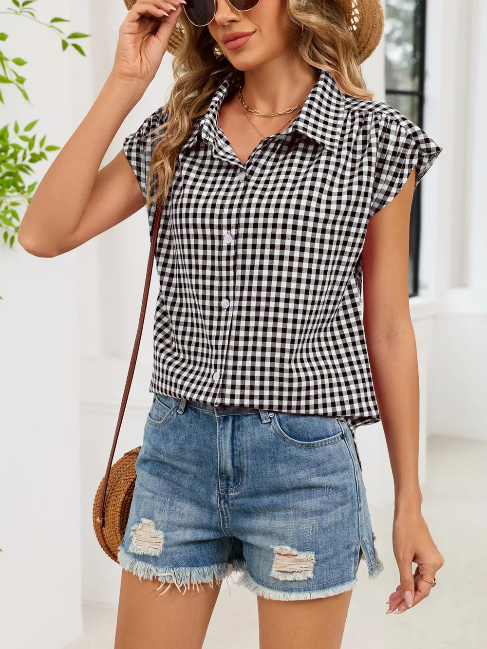 Plaid Button Up Cap Sleeve Shirt, image 17