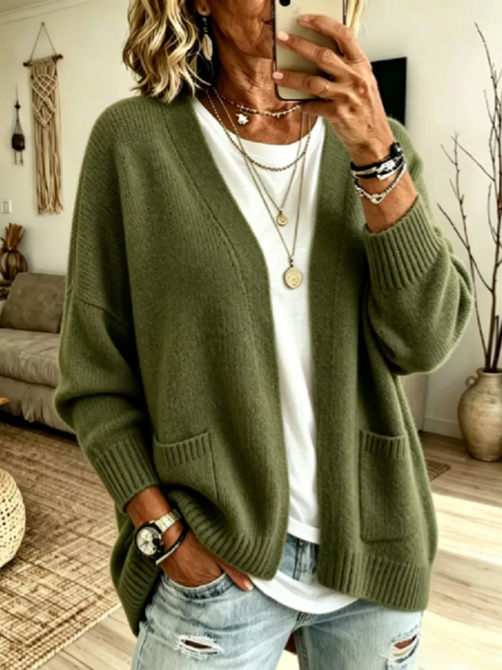 Open Front Knit Cardigan with Pockets, image 6