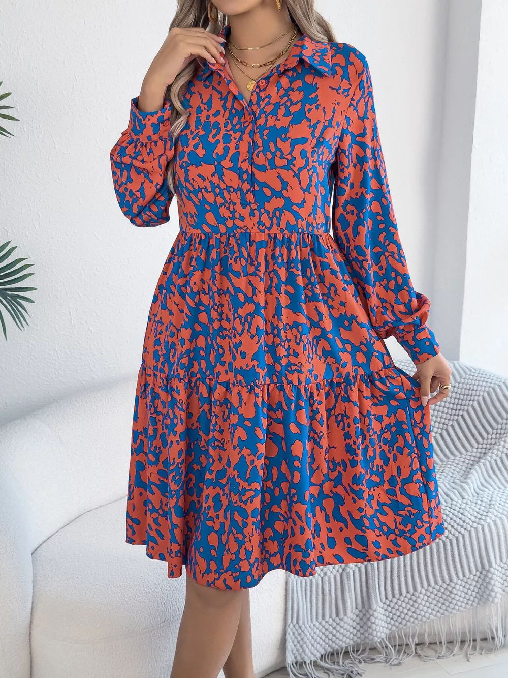 Printed Collared Neck Long Sleeve Dress, image 4