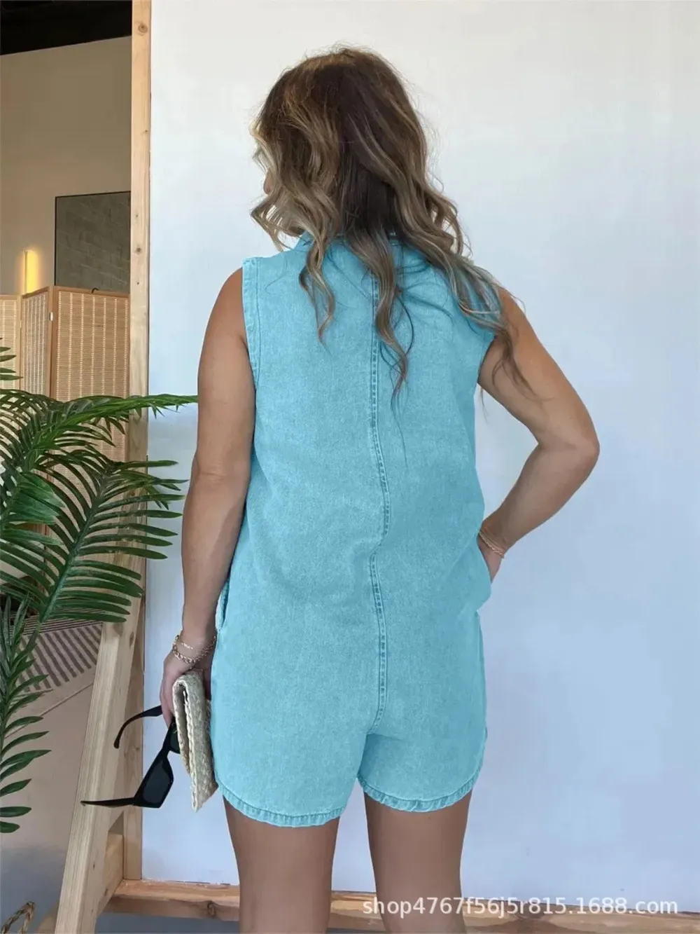 Button Front Sleeveless Denim Romper, image 4