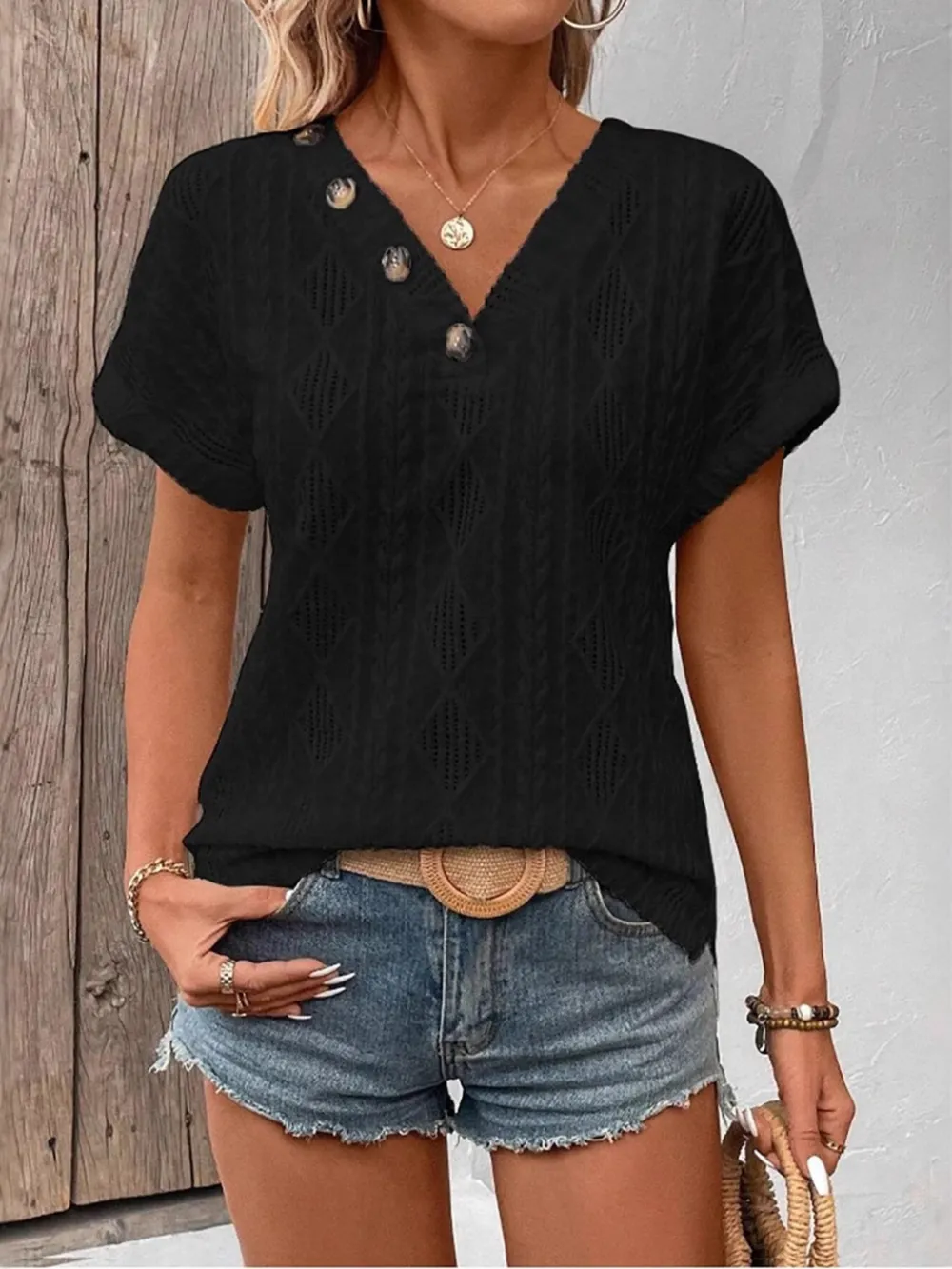 Textured V-Neck Short Sleeve Top, image 23