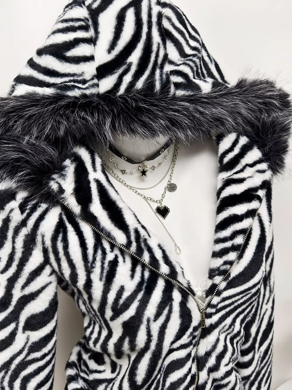 Zebra Faux Fur Hooded Zip-Up Outerwear, image 2