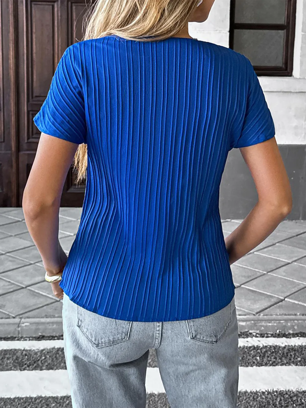 Textured Notched Short Sleeve Blouse, image 5