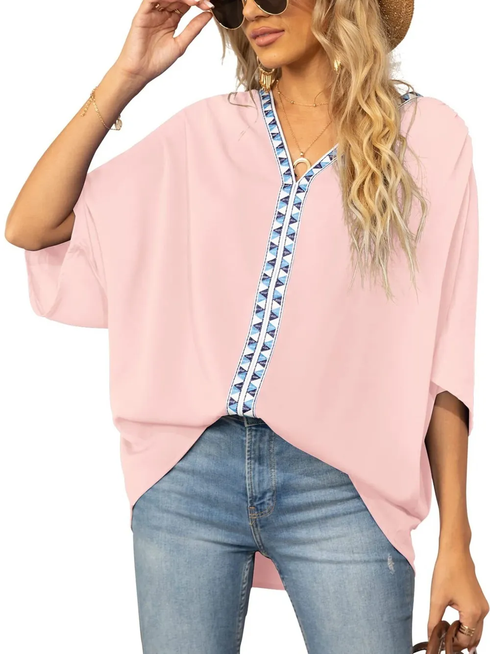 Oversized Contrast V-Neck Half Sleeve Blouse, image 7