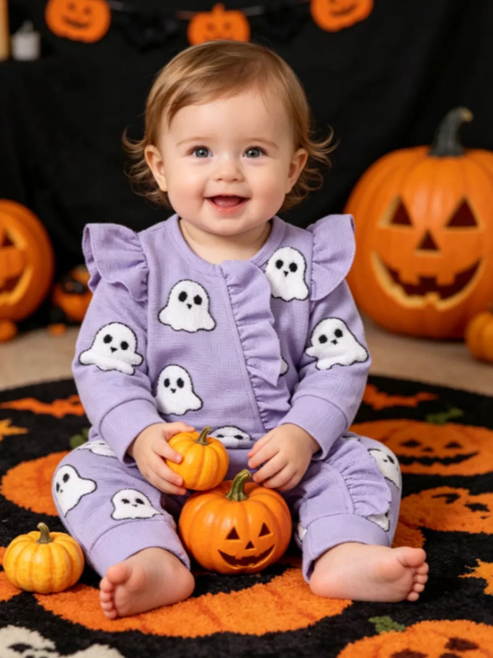 Children's Halloween Ruffled Long Sleeve One-Piece Jumpsuit with Headband