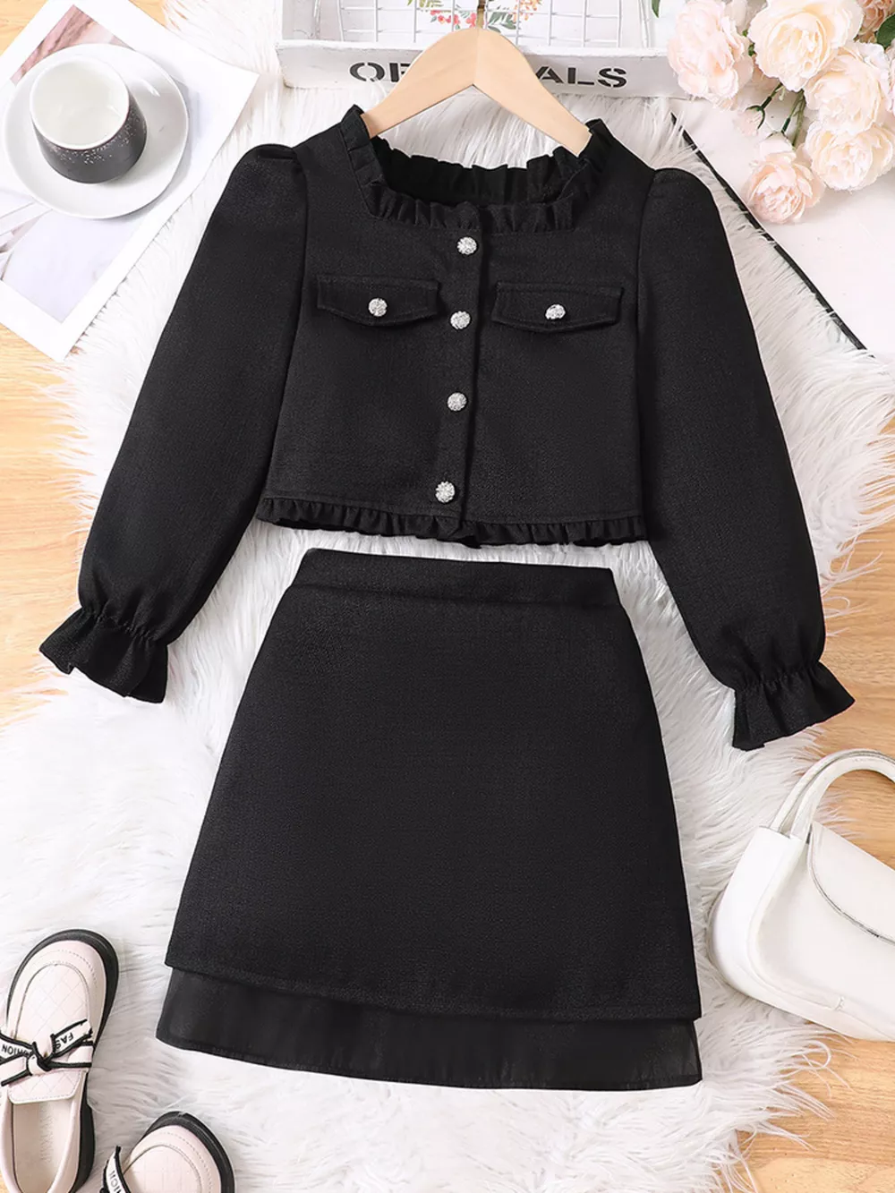 Children's Ruffle Trim Top and Skirt Two-Piece Outfit Set, image 2