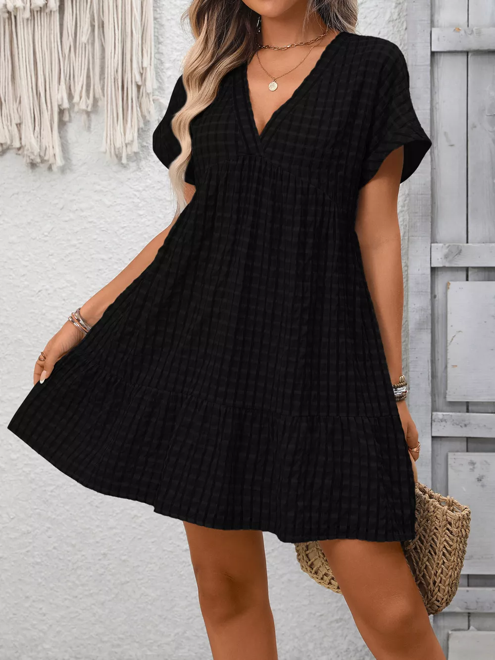 Plaid V-Neck Ruffle Hem Mini Dress, image 19