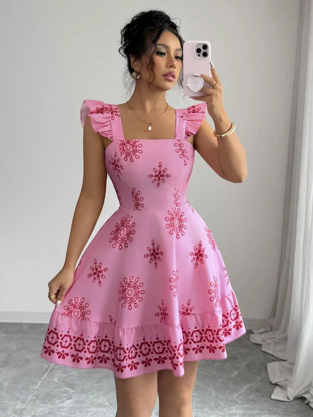 Printed Bow Back Square Neck Mini Dress, image 11
