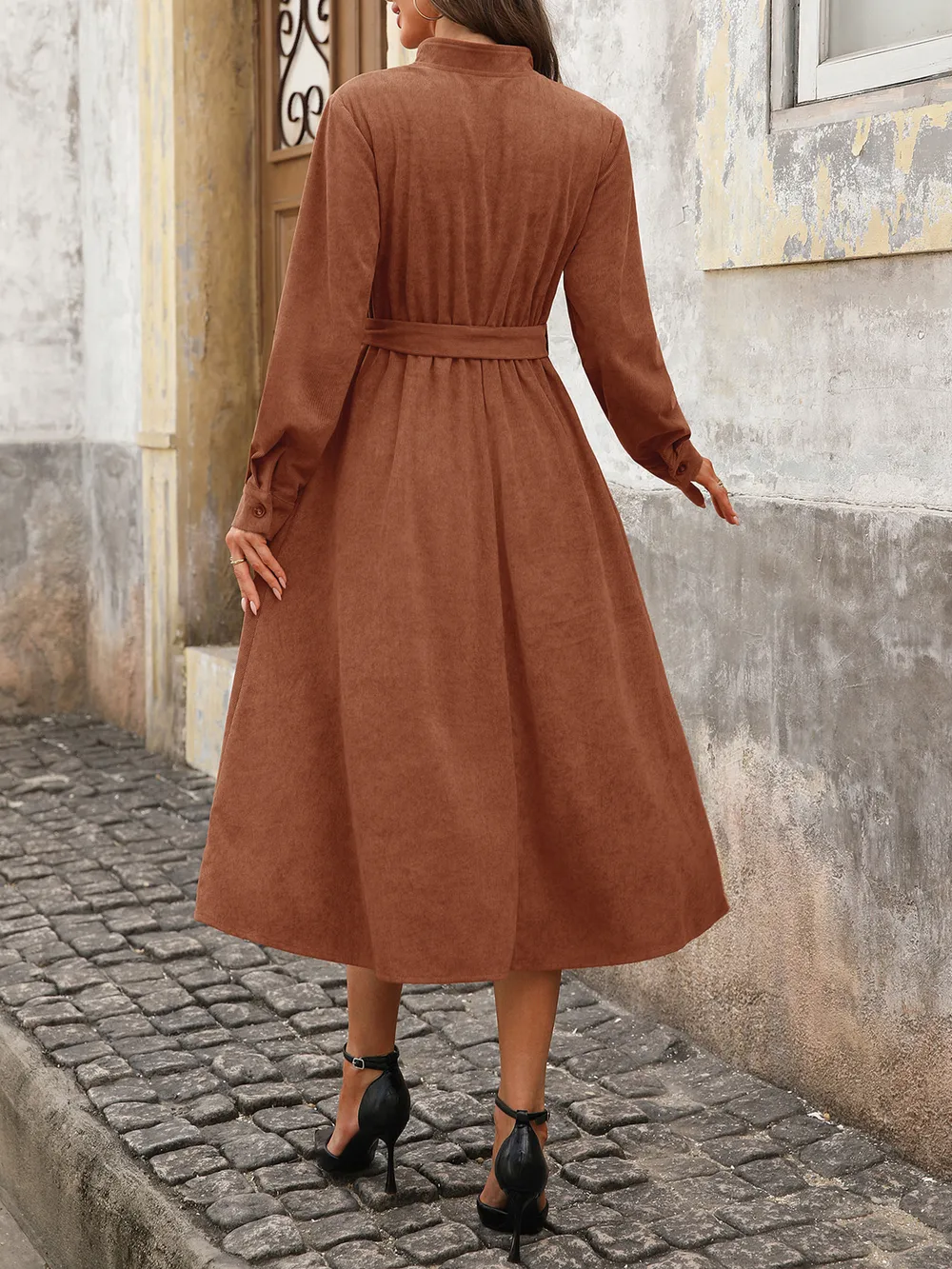 Long Sleeve Button Front Belted Midi Dress, image 3