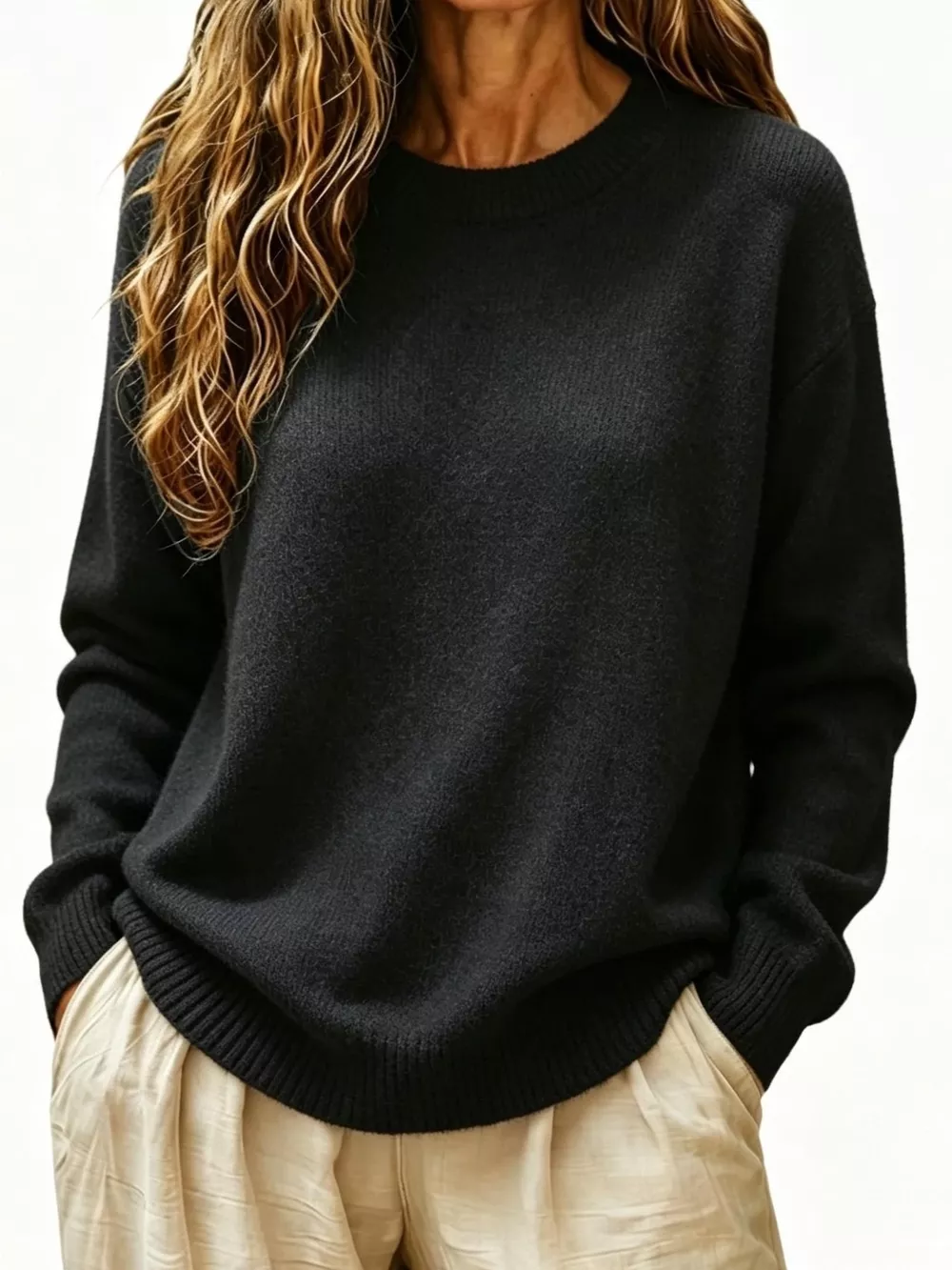 Full Size Round Neck Dropped Shoulder Sweater Plus Size, image 6
