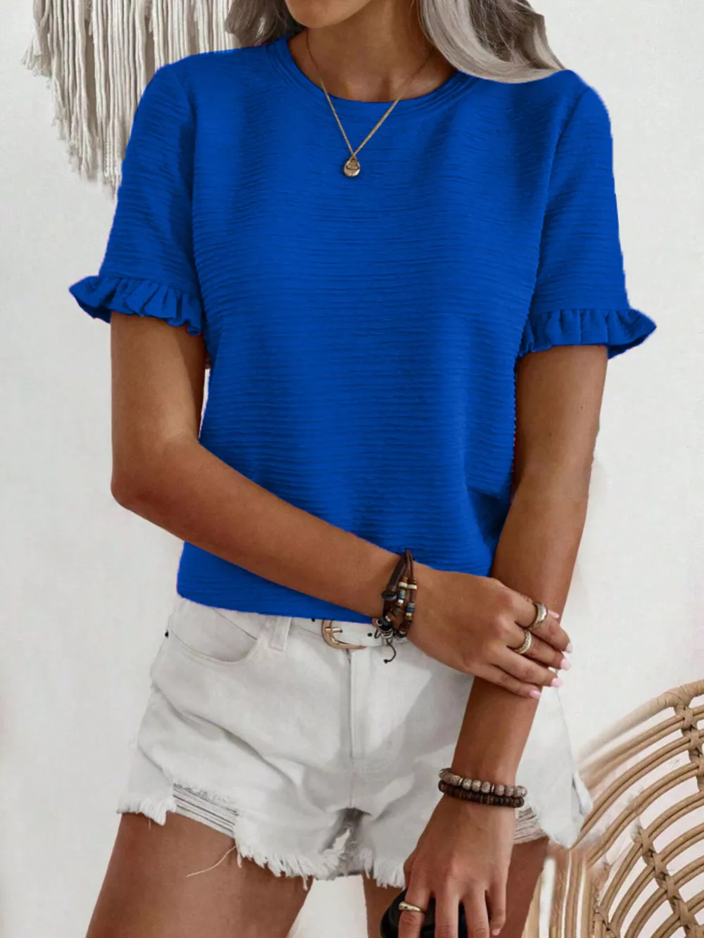 Textured Ruffle Sleeve Round Neck T-Shirt, image 13