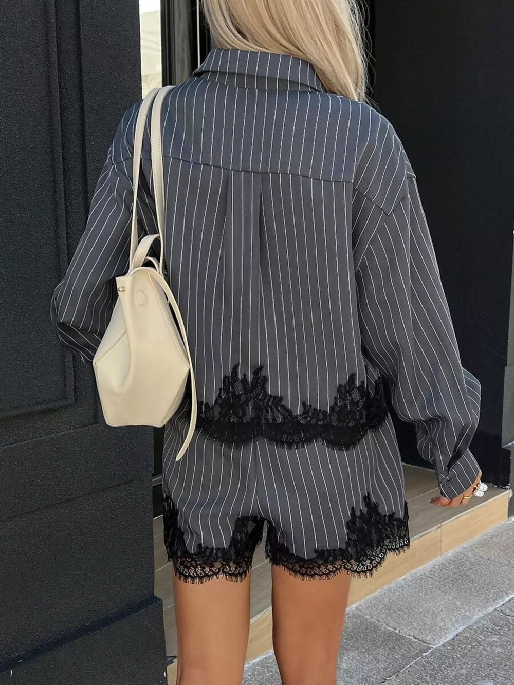 Lace Trim Striped Button-Down Shirt and Shorts Set, image 3