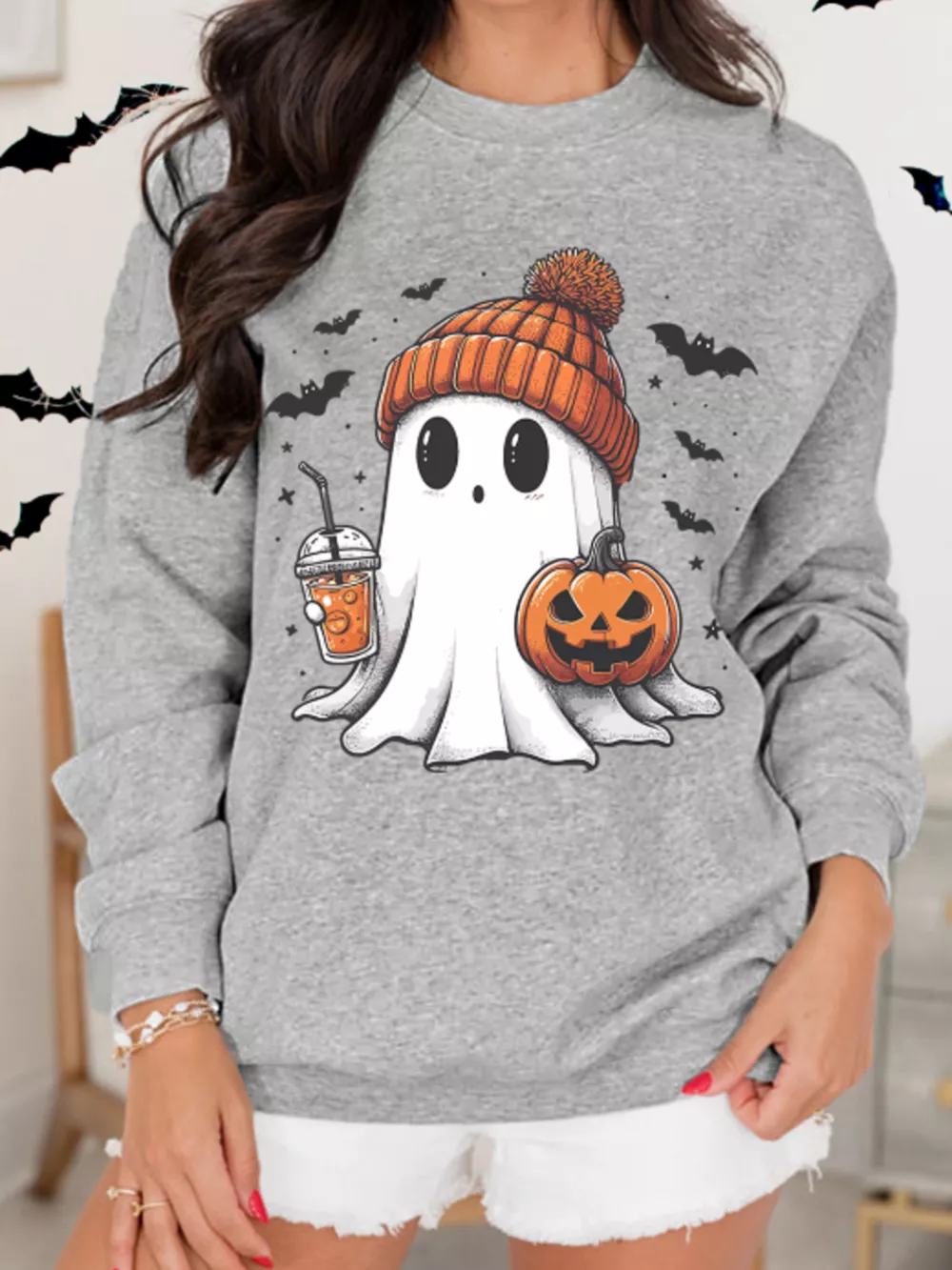 Halloween Ghost Round Neck Sweatshirt, image 3