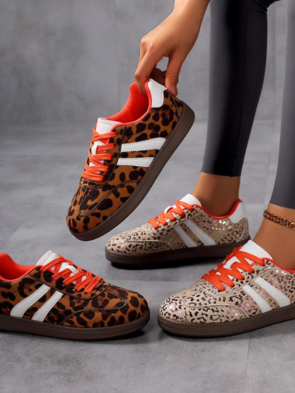 Leopard Print Stripe Detail Lace-up Sneakers, image 2