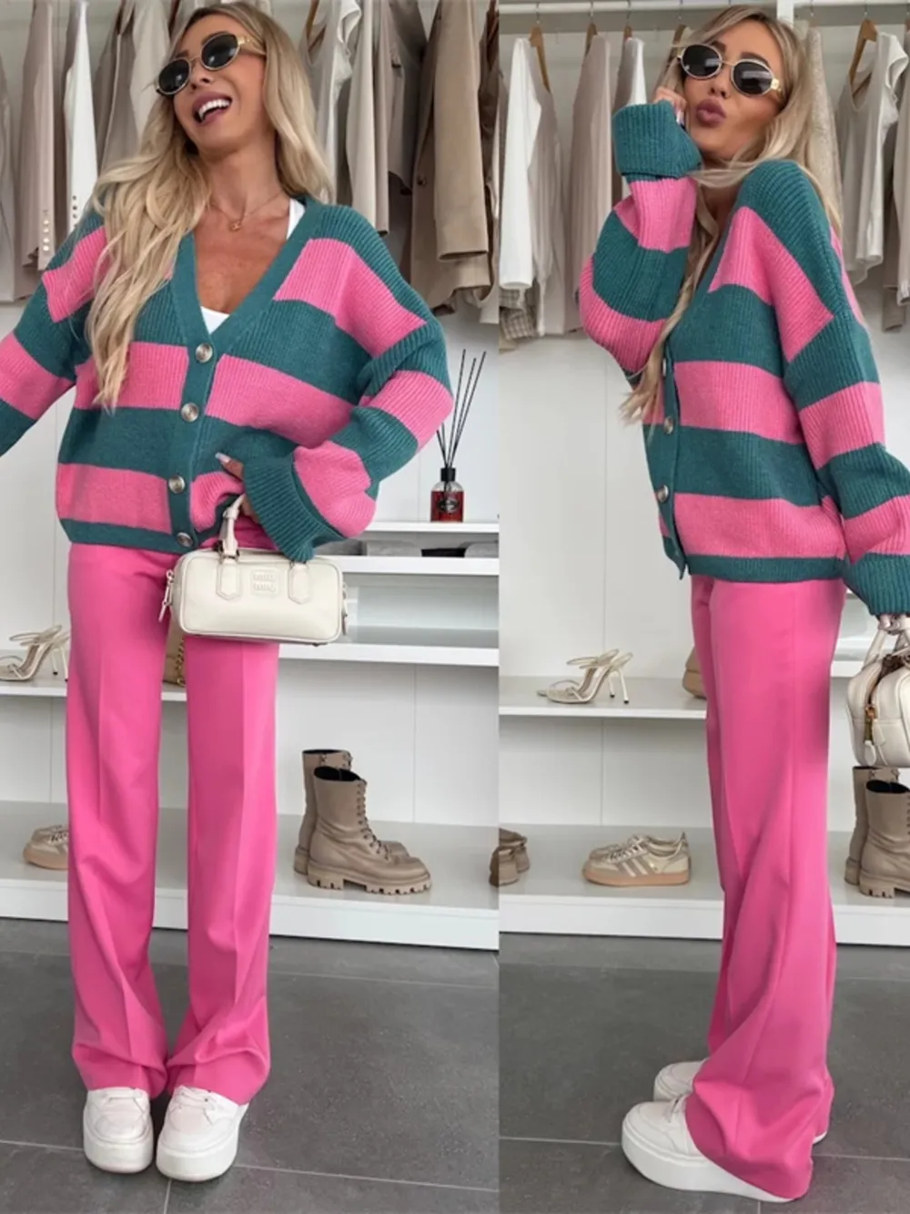Color Block Striped V-Neck Button Front Cardigan, image 6