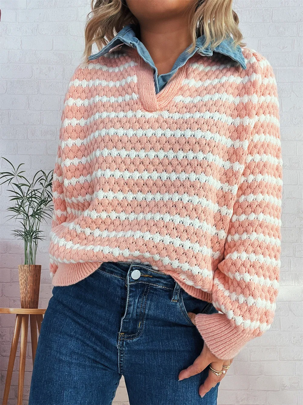 Contrast Striped Sweater with Denim Collar, image 21