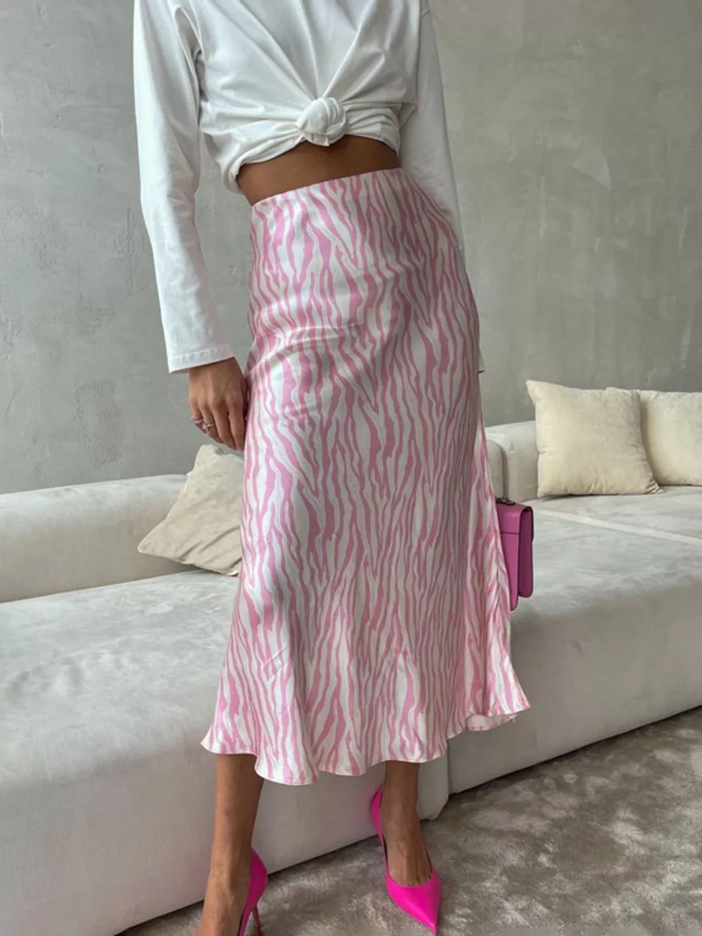 Satin Zebra Print Midi Skirt, image 10