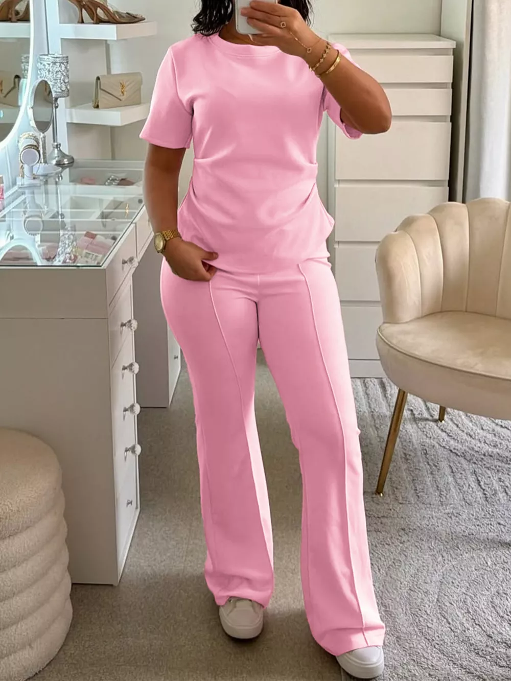 Round Neck Short Sleeve Top and Pants Set, image 2