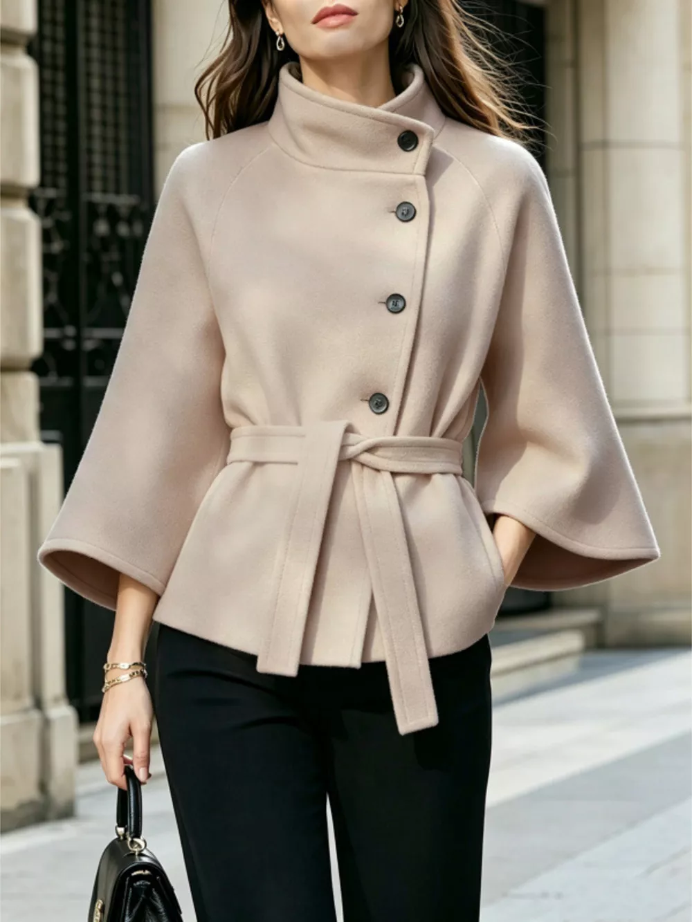 Button Down Cape Coat with Belted Waist, image 4