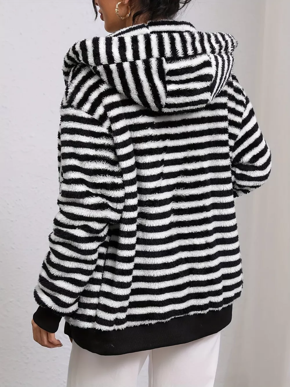 Striped Plush Zip-Up Hooded Outerwear, image 4