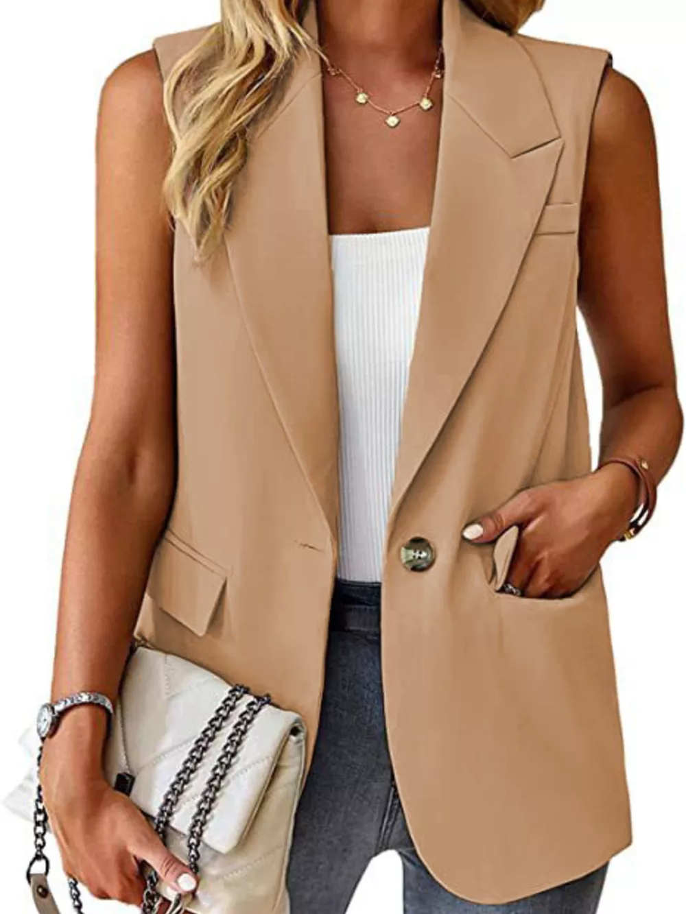 Full Size One Button Lapel Collar Vest Coat Plus Size, image 7