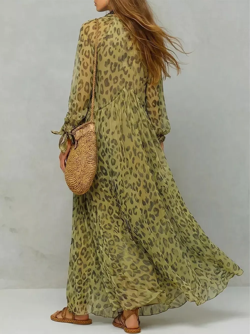Full Size Leopard Print V-Neck Maxi Dress Plus Size, image 2